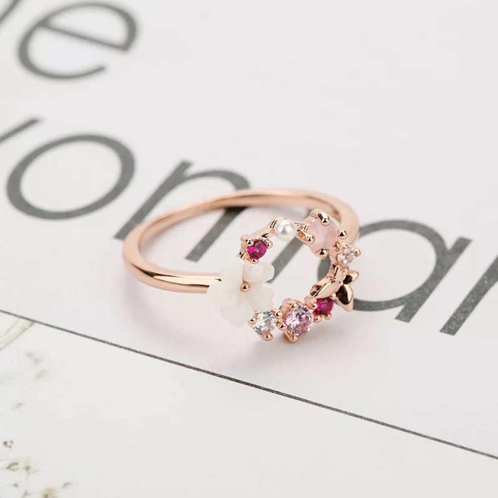 Rose gold flower butterfly ring pink Pearl 7 8 9 - Picture 3 of 5